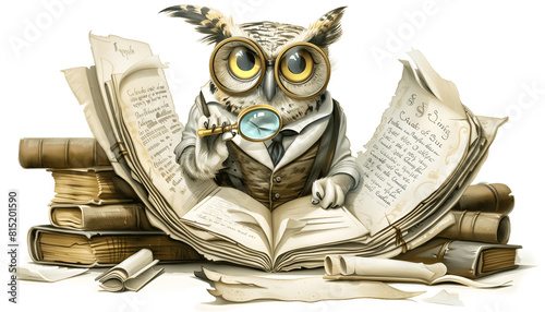 Clipart of an inquisitive owl wearing a monocle and a waistcoat holding a magnifying glass while in Generative AI photo