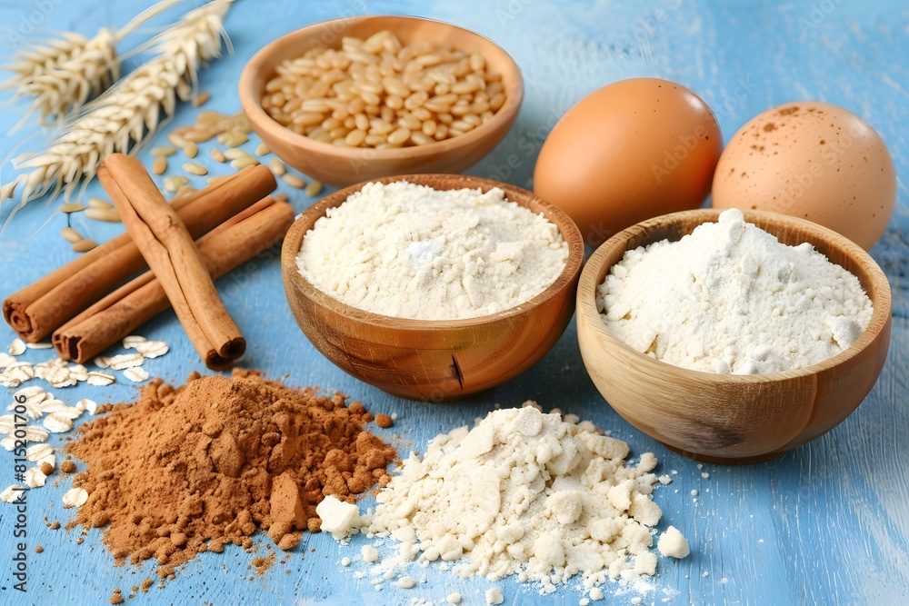 Ingredients for making sweet pastries. A variety of foods are placed on the blue table, including flour, eggs, sugar and cinnamon. View from above. Ingredients for making sweet pastries. A variety of foods are placed on the blue table, including flour, eggs, sugar and cinnamon. View from above.
