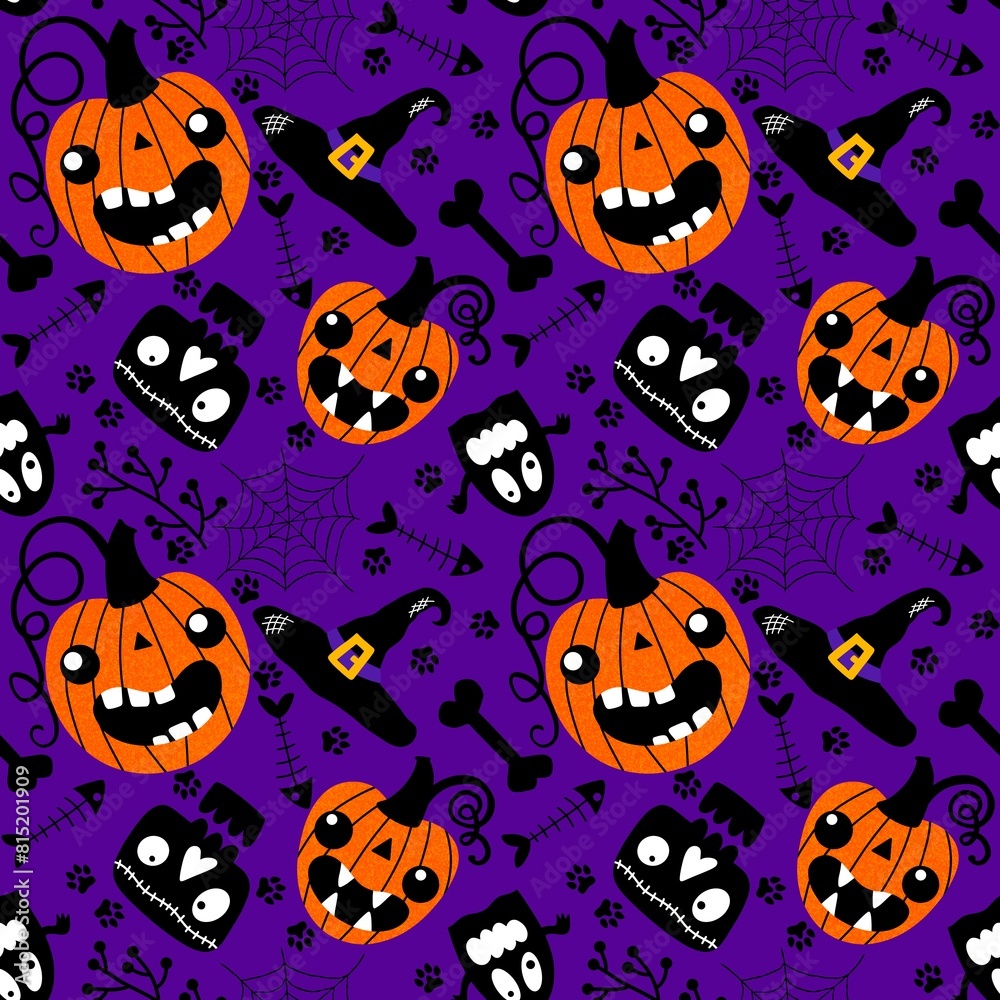 Cartoon Halloween pumpkins seamless ghost and skulls and bones and web and witch hat pattern Cartoon Halloween pumpkins seamless ghost and skulls and bones and web and witch hat pattern
