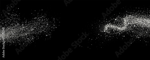 Glittering stars with silver shimmering swirls, shiny  design. Magical motion, sparkling lines on a black background.