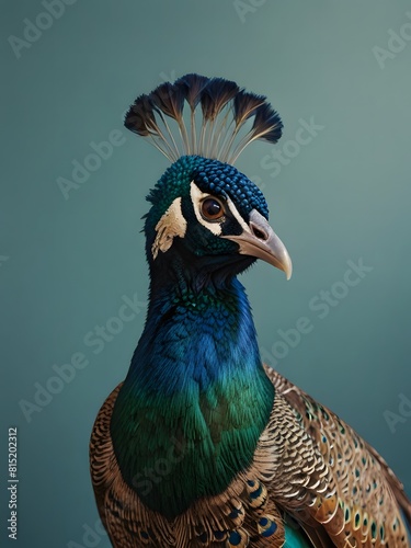 A Peacock bird is sitting on a blue background. AI generated image