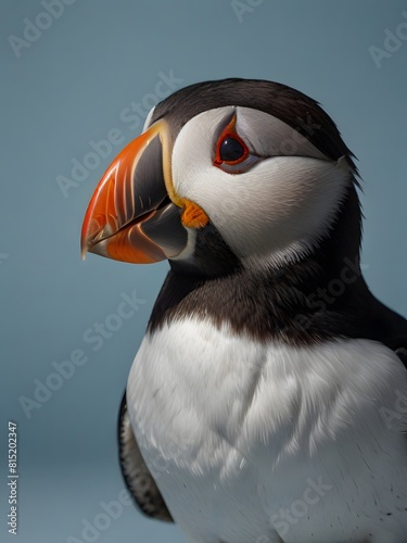 A Puffin bird is sitting on a blue background. AI generated image