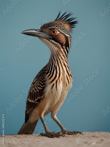 A Roadrunner bird is sitting on a blue background. AI generated image