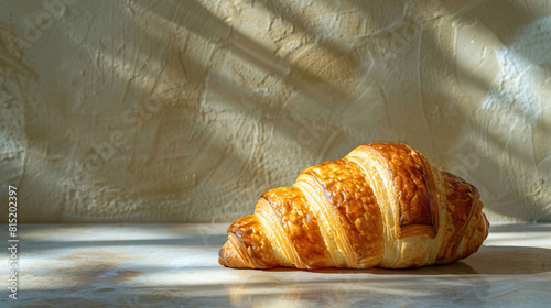Product macro photography  close-up shot  organic vegan plant-based croissant and cup of coffee on minimalist table  cafe with stucco adobe cement walls  isolated  sunny  bright  bokeh  isolated
