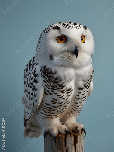 A Snowy Owl bird is sitting on a blue background. AI generated image