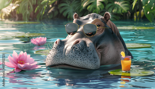 Clipart of a relaxed hippo lounging in a pool with sunglasses and a fruity drink surrounded by floa Generative AI photo