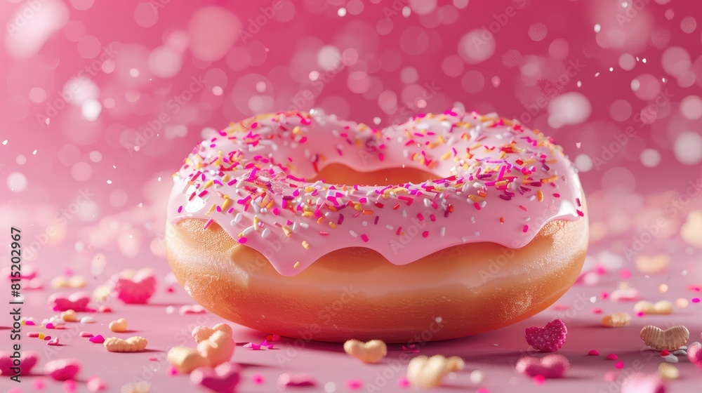 Happy Valentine s Day Picture a sweet heart shaped donut set against a vibrant pink backdrop in a stunning 3D render Happy Valentine s Day Picture a sweet heart shaped donut set against a vibrant pink backdrop in a stunning 3D render