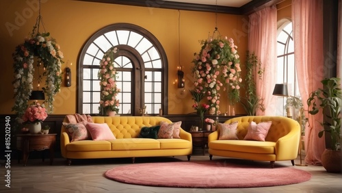 Modern glamour living room with yellow accents