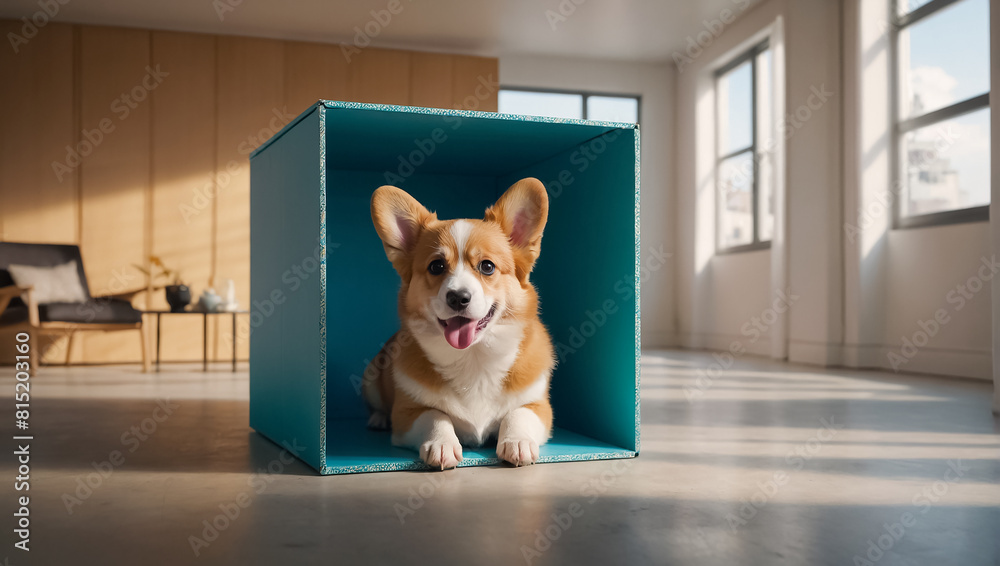 Cute dog, box in the apartment resting Cute dog, box in the apartment resting