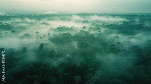 Capture the breathtaking aerial view of a dark green misty landscape in the early morning showcasing a thriving natural ecosystem within a lush and humid forest Embodying the essence of nat