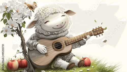 Clipart of a friendly sheep in a woolly sweater playing the guitar under a blooming apple tree ar7 Generative AI