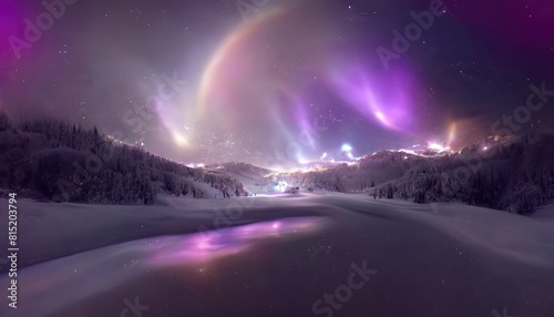 Panoramic view of a winter landscape under a magical aurora borealis with twinkling stars and soft snow. North light with starry night with purple filter. Abstract digital art background. AIG35.