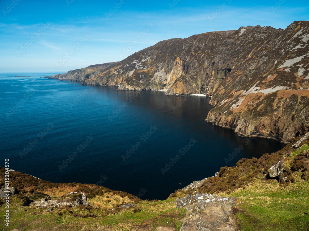 View on amazing Slieve league Cliff, county Donegal, Ireland. Popular travel landmark area with stunning nature view and hiking route. Nobody. Warm sunny day. Travel and tourism. 