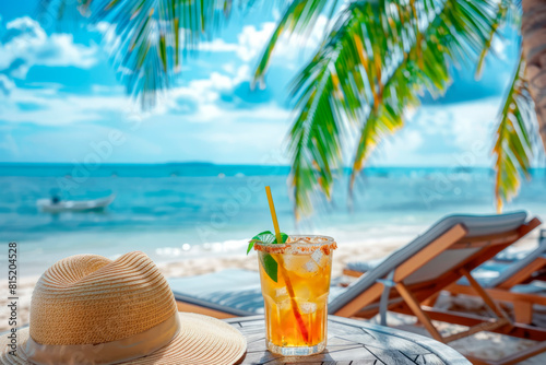 Cocktail in a transparent glass with a straw and a straw hat on a table under a palm tree near a sun lounger on a sandy beach by the sea copy space