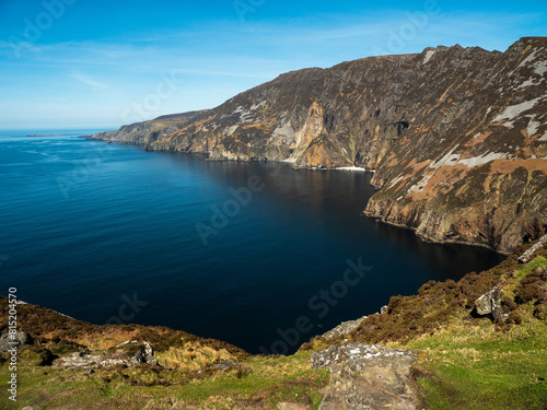 View on amazing Slieve league Cliff, county Donegal, Ireland. Popular travel landmark area with stunning nature view and hiking route. Nobody. Warm sunny day. Travel and tourism. 