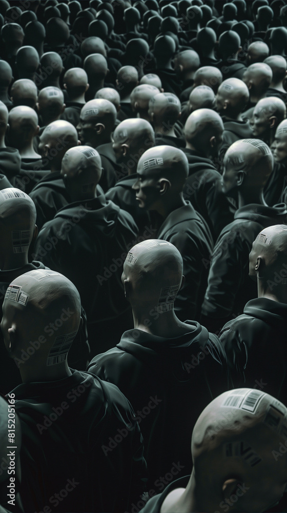 Obraz premium Large Gathering of Identical Bald Figures in Dark Attire Standing in Dim Light