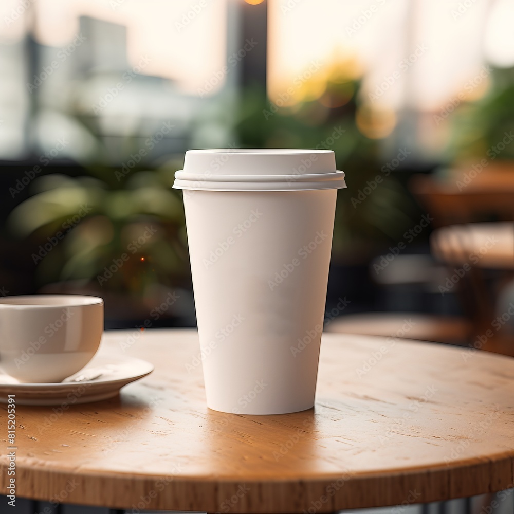 A white coffee cup sits on a wooden table with a saucer underneath it A white coffee cup sits on a wooden table with a saucer underneath it