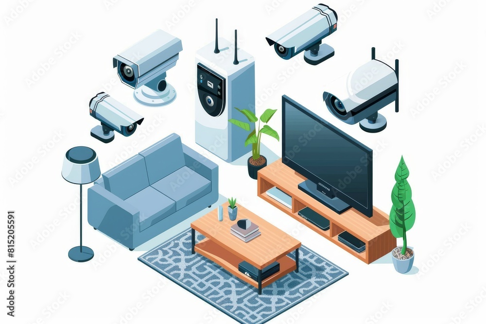 Obraz premium Security camera systems employ extensive network reach and protective modem connections for robust surveillance and remote monitoring in industry cyberspace.