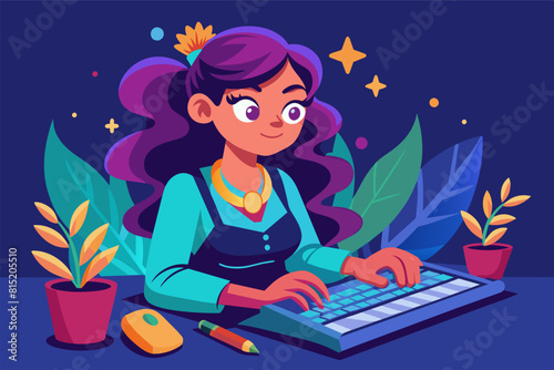female character typing on a keyboard with determination