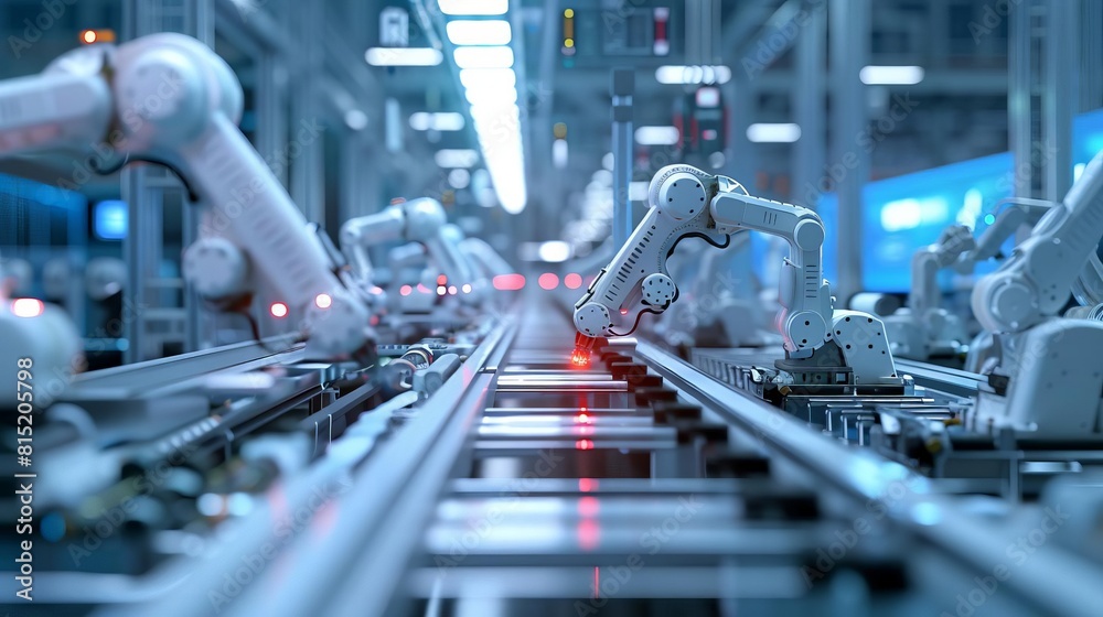 A factory with robots working on a conveyor belt A factory with robots working on a conveyor belt