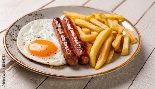 Obraz na płótnie sausages, fried egg and chips w salonie