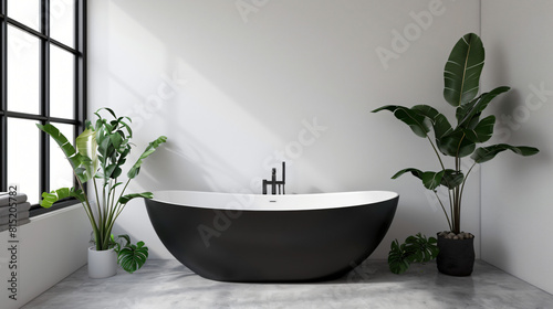 Timeless Sophistication  Minimalist Bathroom with Freestanding Tub and Black Fixtures