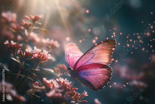 butterfly on a flower butterfly in the night fantasy world, sparkles around the butterfly, majestic insect under light