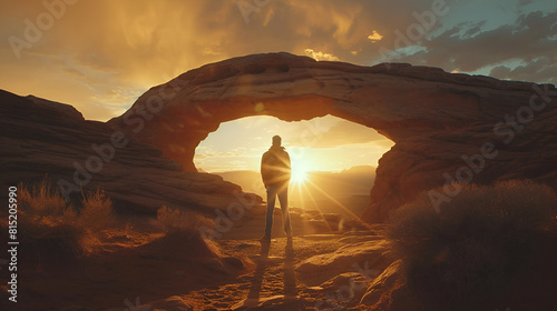 Man Standing in the Middle of a Desert Near a Rock Arc