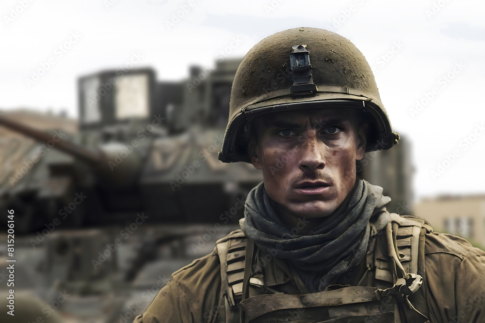 Portrait of a military man on the background of military equipment.