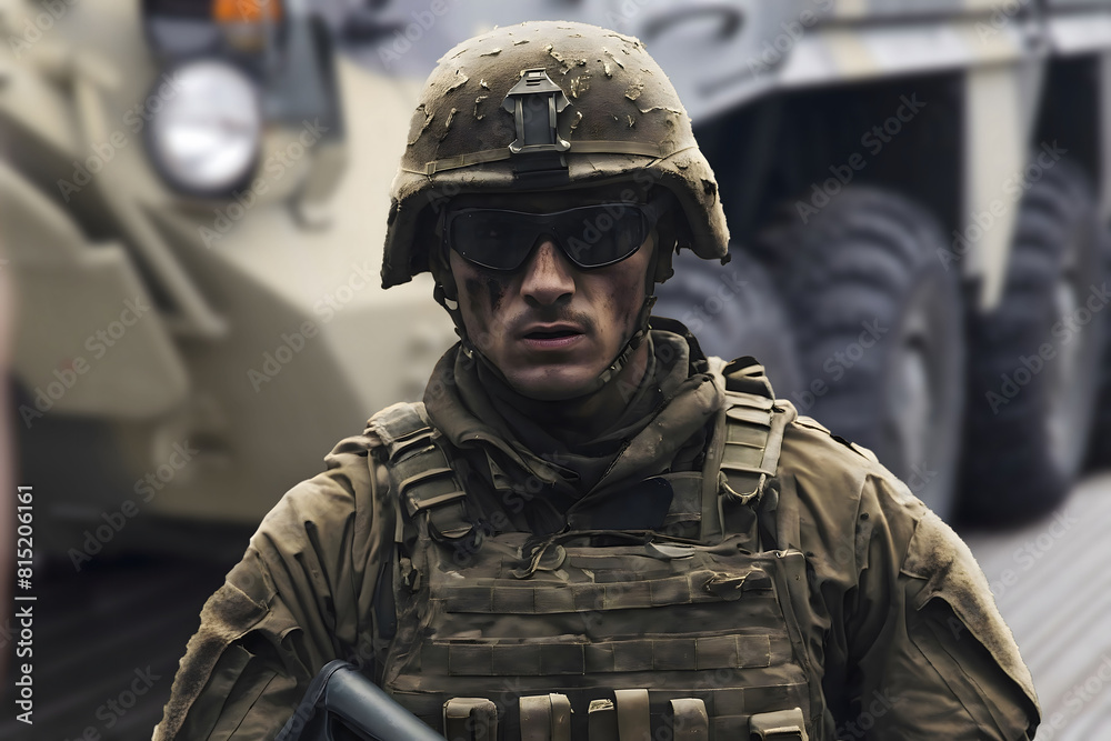 Portrait of a military man on the background of military equipment. Portrait of a military man on the background of military equipment.