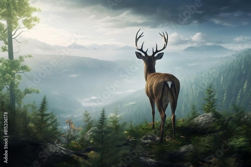 A deer stands in a forest with mountains in the background