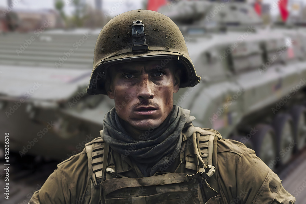 Portrait of a military man on the background of military equipment. Portrait of a military man on the background of military equipment.