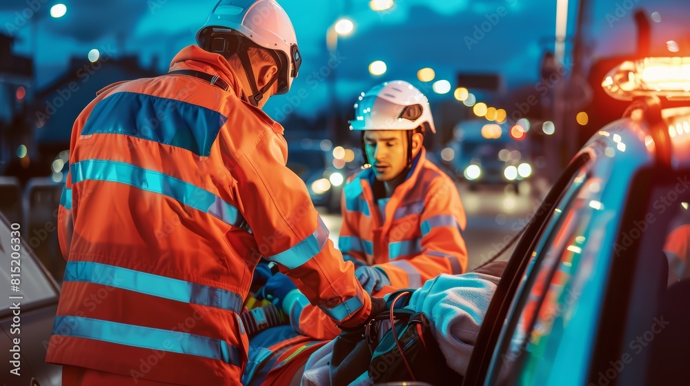 Paramedics providing first aid to an injured person at the scene of an accident Paramedics providing first aid to an injured person at the scene of an accident