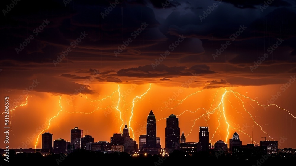 Dramatic Thunderstorm Over City Skyline with Multiple Lightning Strikes at Dusk