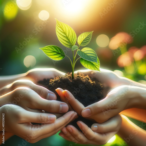 Hands of an adult child gently holding young green plant in soil, bathed in warm sunlight photo