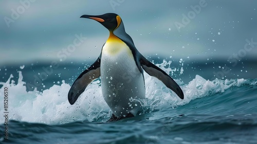 Big King penguin jumps out of the blue water after swimming through the ocean . Generative Ai