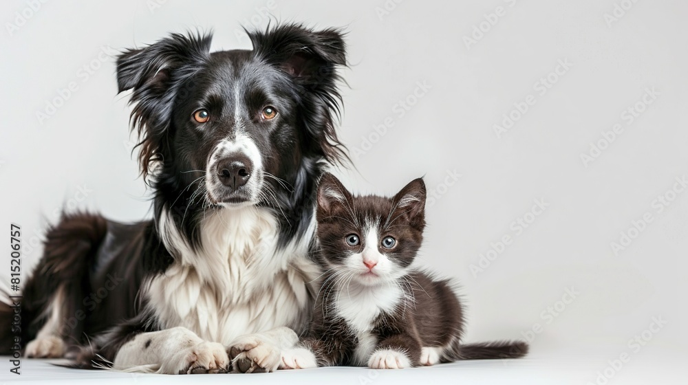 Border collie dog and kitten sit together and look at camera. isolated on white . Generative Ai Border collie dog and kitten sit together and look at camera. isolated on white . Generative Ai