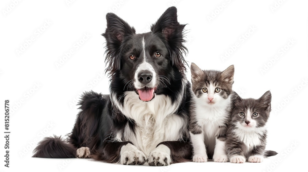 Border collie dog and kitten sit together and look at camera. isolated on white . Generative Ai Border collie dog and kitten sit together and look at camera. isolated on white . Generative Ai