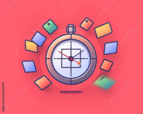 Simplistic Clock Design Surrounded by Colorful Book Icons on Pink Background