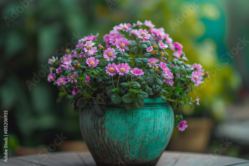 bouquet of flowers in a vase, Blossoming Bouquet in a Decorative Pot Set Against a Lush Garden Backdrop, nature with blurred background