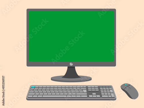 Monitor keyboard and mouse vector illustration isolated on color background flat cartoon style, idea of computer workplace, with copyspace area monitor on editable green screen.