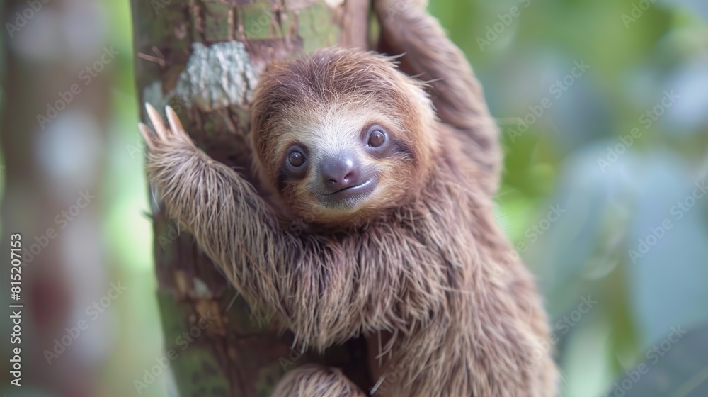 baby sloth hanging on the tree. Generative Ai baby sloth hanging on the tree. Generative Ai