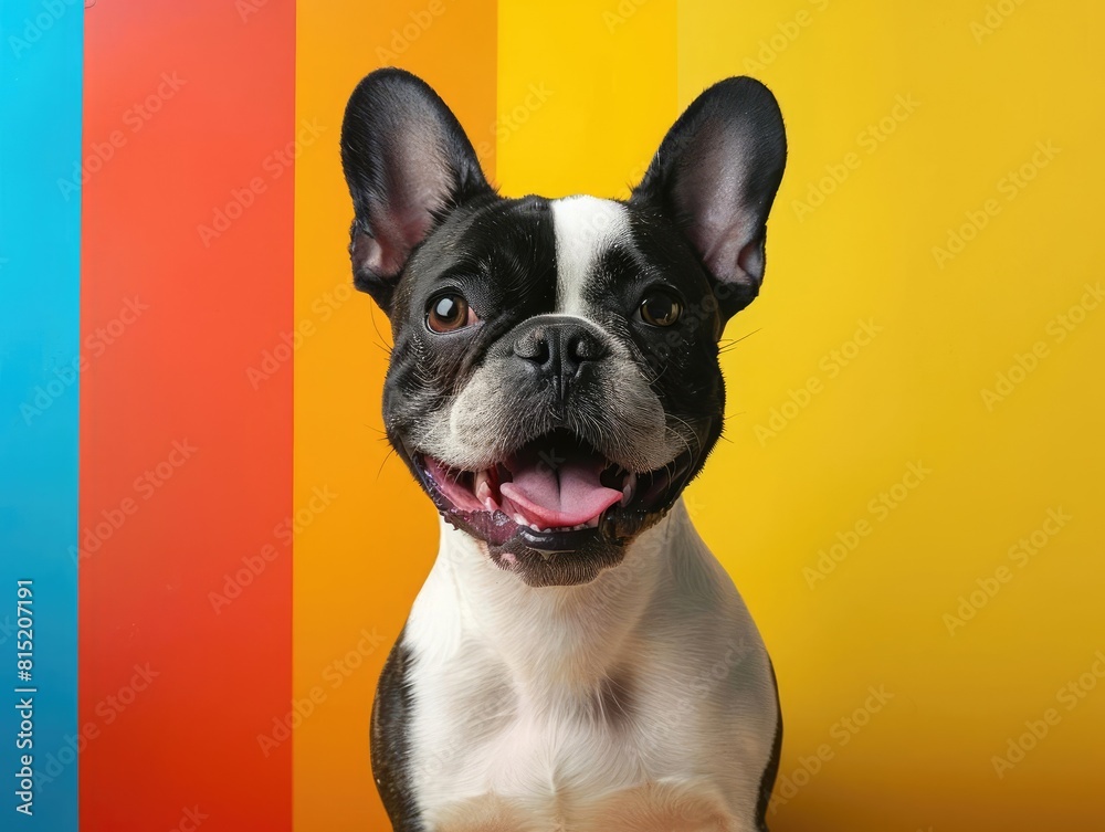 A cute French Bulldog sits in front of a rainbow background. The pup has its ears perked up and is looking at the camera with a happy expression. A cute French Bulldog sits in front of a rainbow background. The pup has its ears perked up and is looking at the camera with a happy expression.
