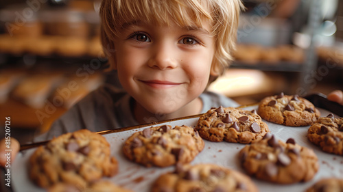 Happy child enjoying cookies in the kitchen