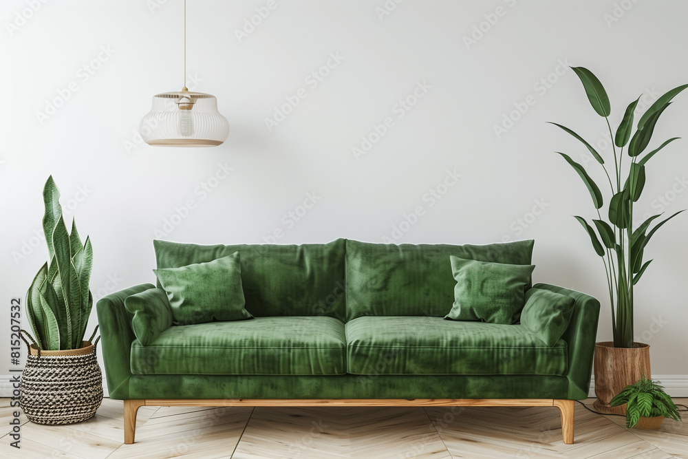 Fototapeta premium Empty living room wall mockup with green velvet sofa pillow snake plant in basket and leaves in wooden vase on blank white interior background. Illustration 3d rendering