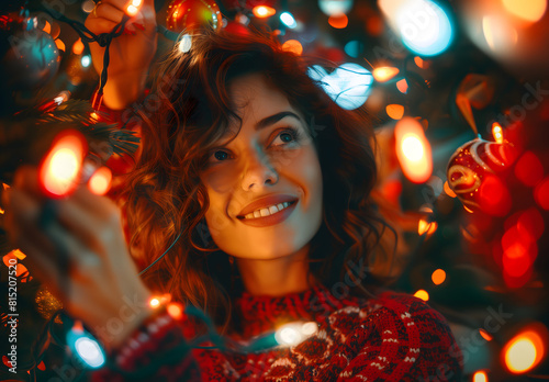 A young woman holding a Christmas tree adorned with sparkling lights for the holiday season