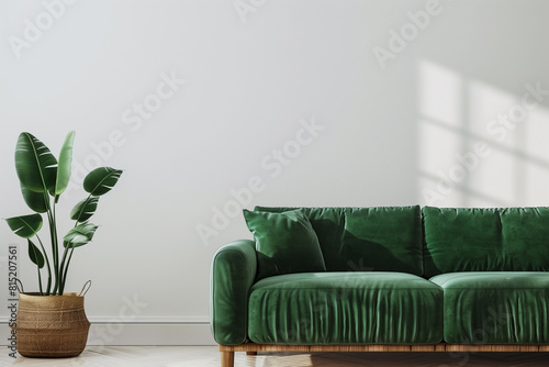 Empty living room wall mockup with green velvet sofa pillow snake plant in basket and leaves in wooden vase on blank white interior background. Illustration 3d rendering