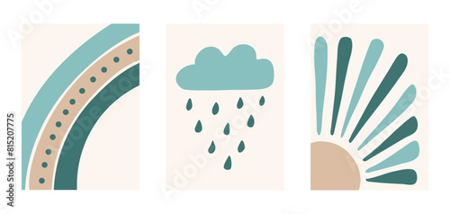 Boho Style Kids Room Decoration. Cute Hand Drawn Rainbow, Sun and Cloud. Scandinavian Minimalistic Nursery Wall Art for Baby Boy And Baby Girl. Vector Illustration Set for Cards, Invitations, Posters.