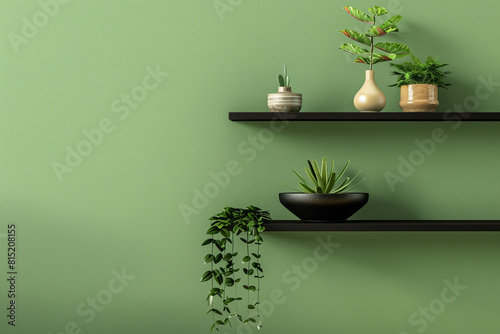 Black shelf on olive color wall. Japanese interior design of modern living room hall home.