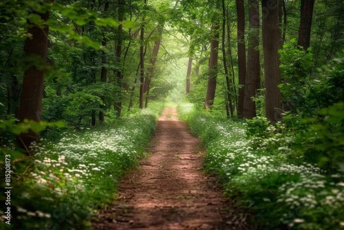 A peaceful forest trail leads into the distance with lush green trees on either side and a soft focused background  symbolizing tranquility and nature s beauty Generative AI